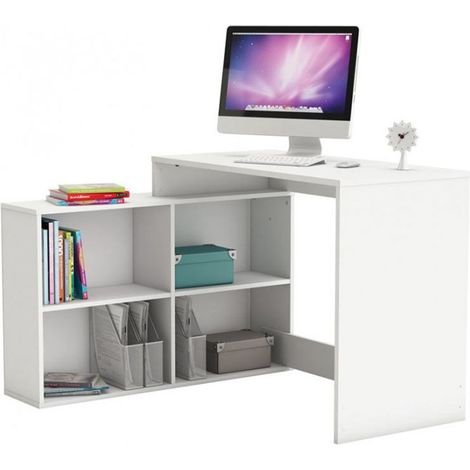 M&S – Bureau d'angle avec étagère basse en mélamine blanche 112 x 77 x 101 cm – 4 tablettes pour rangement – Meuble 2 en 1 (1/10)