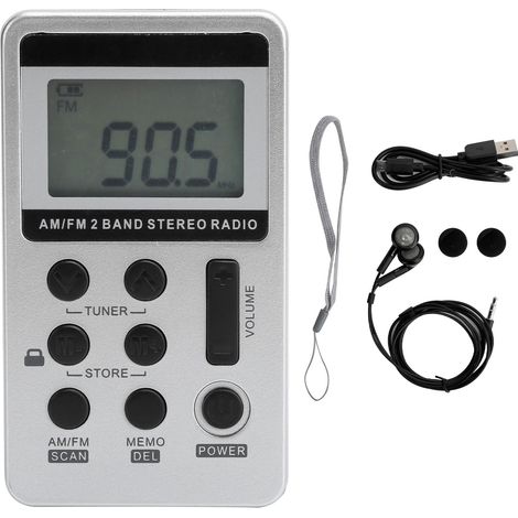 QQT103 Radio FM/AM Portable Professionnelle Mini avec Affichage LCD et Écouteurs Argent (1/5)