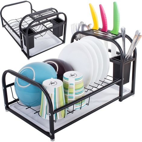 Égouttoir à vaisselle avec bac de récupération, noir, en métal, porte-couteaux, organiseur de couverts, pour plan de travail de cuisine (1/5)