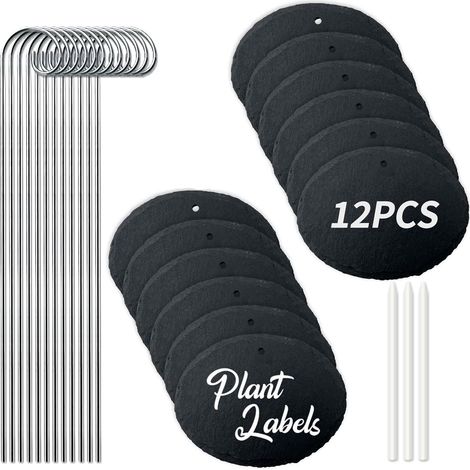 Lot de 12 Étiquettes Plantes Ardoise Ovales avec Tige Métal, Imperméables Extérieur, Marqueurs Jardin Réutilisables avec Stylo Craie pour Herbes, Potager et Fleurs (1/5)