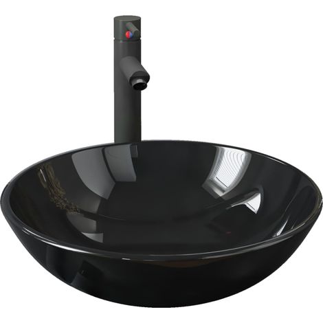 Lavabo de bain avec robinet et drain à poussoir vasque à poser de toilette lave-mains de salle de bain lavabo de salle d'eau verre diamètre 42 cm trempé noir