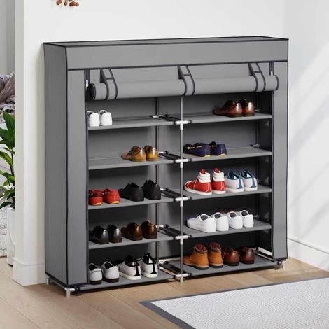 Armoire à Chaussures, Meuble Étagère de Rangement, avec housse Gris 115x28x110 cm Tissu OIB9690E (1/5)
