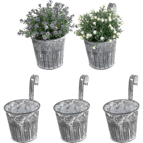 Lot de 5 pots de fleurs suspendus en fer style vintage avec crochets et poignées. (1/5)