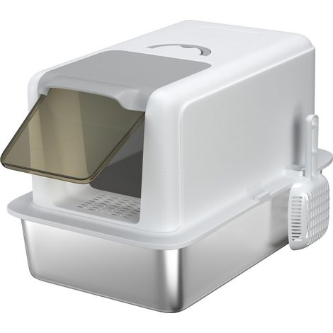 Bac à litière chat avec couvercle, filtre intégré et pelle. Plateau inox, pour chats jusqu'à 6kg. Blanc 40.5x60.5x41.5cm (1/5)