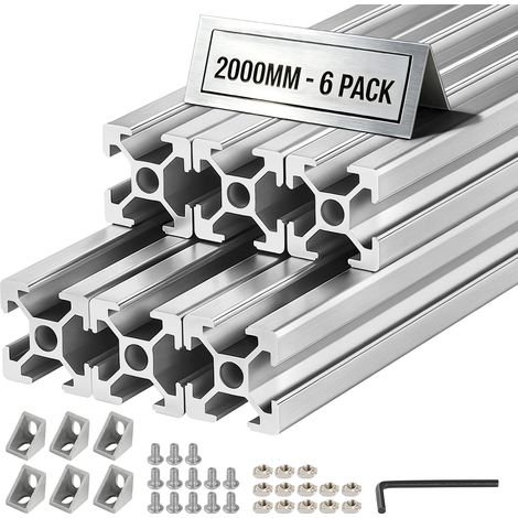 VEVOR Profile Aluminium Extrude 2020 6 PCS Profile Alu Anodise 2000 mm Rainure en T Standard Europeen pour Chassis deImprimante 3D, Machine CNC, Mobilier, Etablis, Bricolage, Haute Resistance, Argente (1/5)