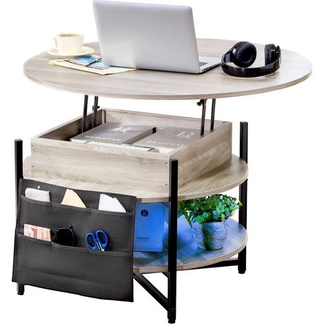 Gain de Place au Salon : Table Basse Ronde Plateau Relevable Gris Foncé avec Ressort à Gaz et Rangement (1/5)