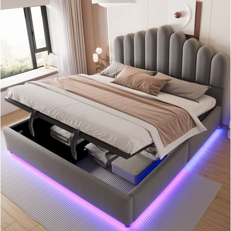 Lit coffre 180x200 cm avec rangement hydraulique et LED, tête de lit rembourrée, en velours, gris, sans matelas (1/5)