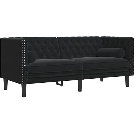 Canapé  Sofa Chesterfield avec traversins 2 places noir velours