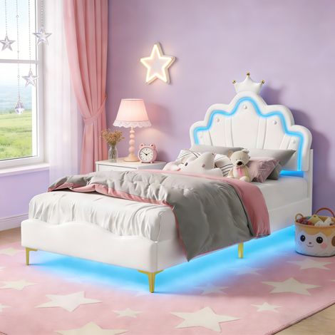 Lit simple 90x190cm pour enfant, Lit princesse avec sommier à lattes et éclairage LED, Tête de lit réglable en forme de couronne, PU, Blanc