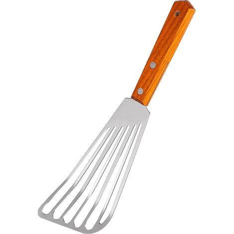 Spatule Pour Poisson - Acier Inoxydable Avec Manche En Bois - 28 X 8,2 X 1,5 Cm - Fente Pour Égoutter L Huile - 1 Pièce (1/5)