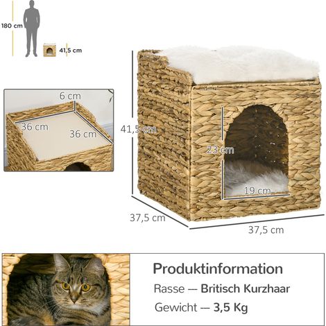 Katzenhöhle aus Wasserhyazinthen-Gras, 2 Liegefläche, 2 waschbare Kissen, Natur + Weiß (1/5)
