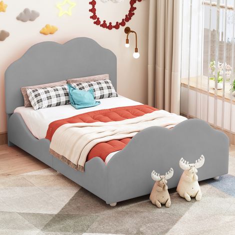 DESVIAE Lit enfant rembourré 90 x 200 cm avec barrière de sécurité tête et pied de lit en forme de nuage velours gris structure en bois et métal (1/5)