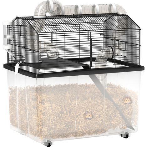 Gabbia portatile per criceti con rampa, ciotola per il cibo, beverino e sistema di tubi. 58 x 43 x 57 cm. Nera.