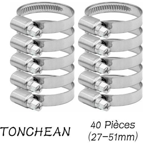 Collier de Serrage Tuyau Réglable 27-51mm Gamme en Acier Inoxydable 304 Assortiment Tuyau Pinces Clips pour Famille Tuyau D'eau, Home Gaz, Tube D'automobiles, Robinet 40 Pièces (12mm) (1/5)
