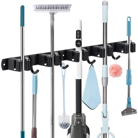 Broom holder wall device holder wall mount with 5 holders and 4 hooks mop holder self-adhesive for garden garage bathroom black
