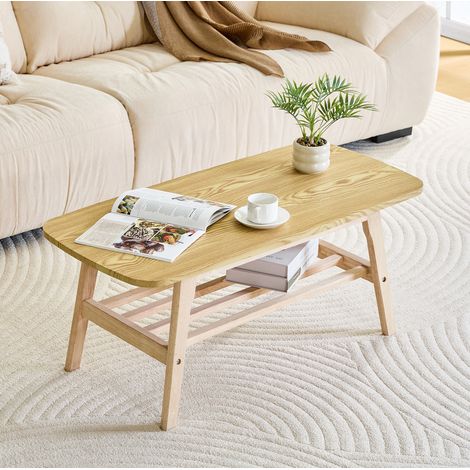 Table basse en bois massif coloris bois, 2 niveaux de rangement, gain de place,100x48x42.5 cm (1/5)