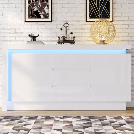 Madia bianca 140 x 35 x 72 cm con 3 cassetti, 2 ante e LED OKMYHOME (1/5)