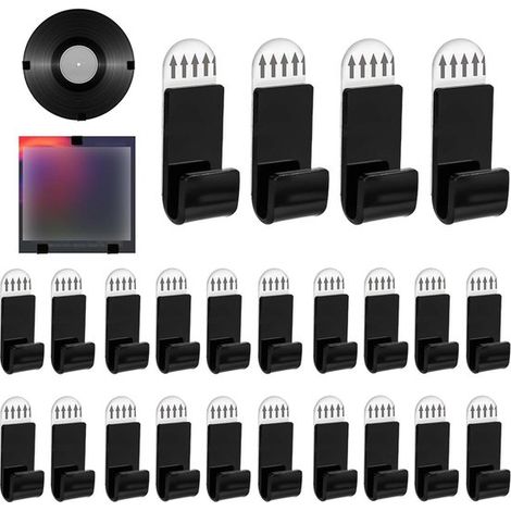 Soporte de pared negro para discos，Juego de 24 piezas，No requiere perforación，Ganchos acrílicos autoadhesivos para CDs，álbumes y revistas