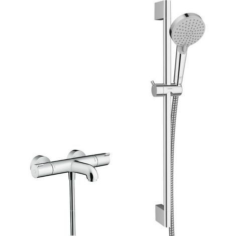 Hansgrohe Ecostat Set Wannen-/Brausethermostat + Brausestange Unica + 2-strahlige Handbrause, Chrom