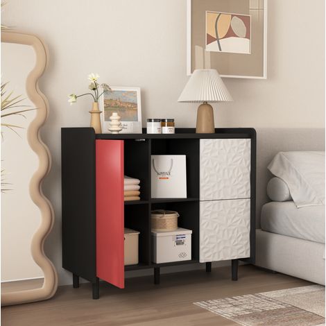 Buffet de cuisine 90x40x80 cm noir et rouge en MDF avec 2 tiroirs, rangement ouvert et placard fermé (1/5)