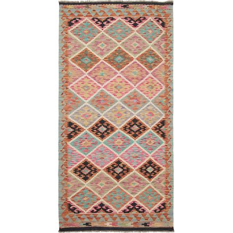 Tapis kilim 103 x 202 cm, motif ethnique, multicolore, bleu et rose, en laine naturelle, tissage plat authentique (1/5)