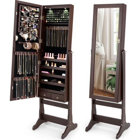 COSTWAY Freestanding Jewelry Armoire Cabinet Lockable Jewelry Organizer-Brown (1/5)