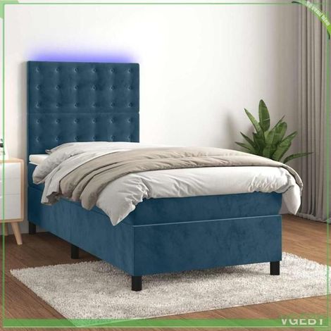 Sommier tapissier - 3136345 - Velours bleu foncé - Matelas 90x200 cm à ressorts ensachés - Tête de lit réglable avec LED (1/5)