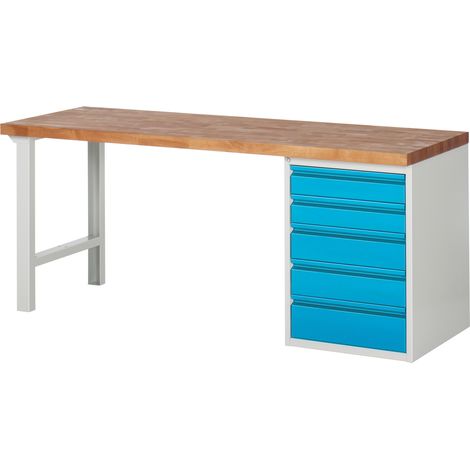 STIER Werkbank Premium mit 5 Schubladen BxTxH 2000x700x890mm RAL 7035 / RAL 5012