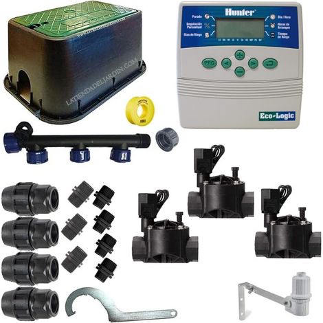 Kit Riego Automatico 3 zonas 24V Hunter para Tuberia 20mm  Incluye Programador, Electrovalvulas y Accesorios (1/4)