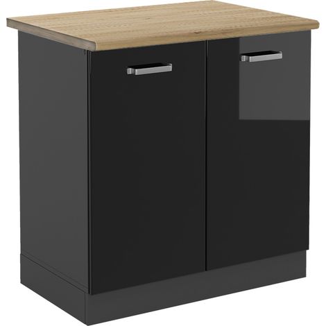 Armario bajo para fregadero R-Line, Negro brillo intenso, 80 cm , ET Roble, Vicco