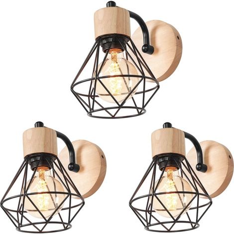 Applique Murale Industriel Rétro Luminaire Murale Diamant Cage Créatif Lampe Murale en Bois et Métal Ø15CM Noir - 3Pcs (1/5)