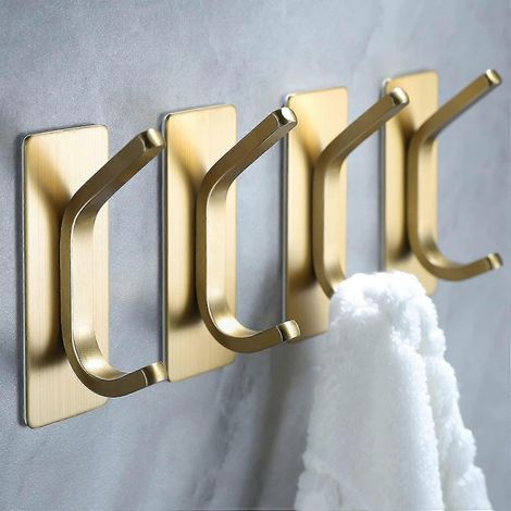 Wandhaken in gebürstetem Gold für Mäntel, Hüte, Handtücher und Bademäntel - Set mit 4 selbstklebenden Edelstahlhaken, ideal für Badezimmer und Schlafzimmer. (1/5)