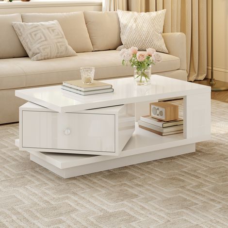 Tavolino da caffè 90x48x35 cm, con cassetto girevole, vano aperto, MDF e truciolare, bianco (1/5)