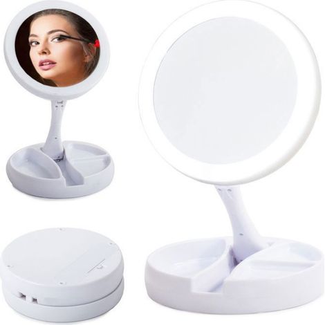 Miroir Rond - Miroir Double Face - LED Intégré - 1x Et 10x - Pivotable 180° - Avec Compartiments De Rangement - Pour Salle De Bain Et Chambre - Blanc - 1 Pièce (1/5)