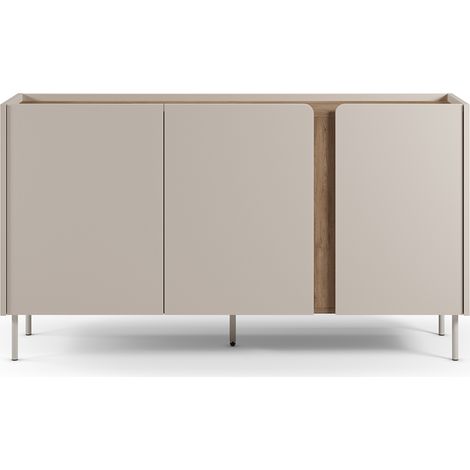 Buffet, meuble de rangement avec 3 portes aspect bois coloris crème, chêne et pieds en métal - Longueur 150 x Profondeur 40,5 x Hauteur 82,50 cm (1/5)