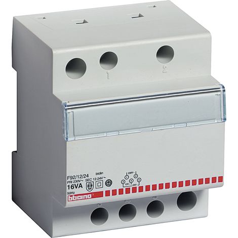 Bticino – Transformateur de sécurité monophasé 230V – Secondaire 12/24V – 16VA – 4 modules DIN – Pour installations électriques professionnelles