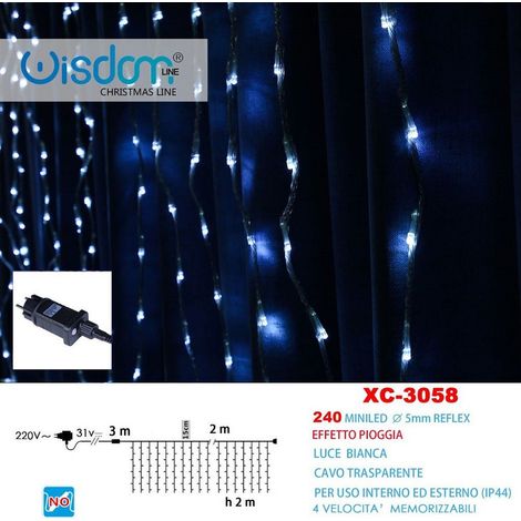 TRADE SHOP - Tenda Luminosa Natalizia 240 Mini Led Effetto Pioggia Luce Bianca Ip44 Xc-3058 -