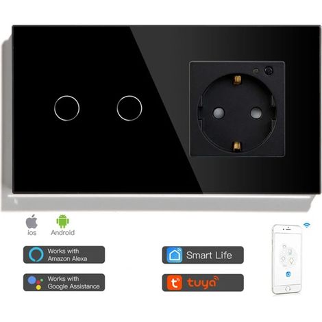 Tuya Interruttore Touch con Presa a Muro Smart WiFi Nero  Dimensione: 2 Pulsanti