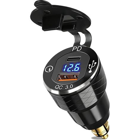 1 Prise USB C DIN Chargeur Voltmètre LED PD3.0 QC3.0 Aluminium Étanche Moto 12V 24V (1/5)