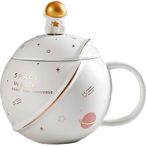 Ravissante tasse astronaute, tasse à thé en céramique avec couvercle et cuillère, tasse à café originale, pour chocolat chaud, lait, cadeau de Noël et d'anniversaire, 400 ml.