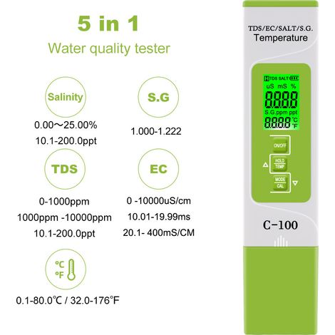 Testeur numérique 5 en 1 de qualité de l'eau : mesure TDS/EC/salinité/densité/température. Test haute précision pour l'eau potable des piscines, aqua (1/5)