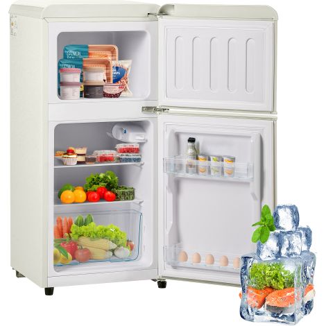 Retro Kühl-Gefrierkombination Klein 60L, Zweitüriger Mini Kühlschrank Mit Gefrierfach, Freistehender Getränkekühlschrank, 88,8 cm Hoch, Cremeweiß