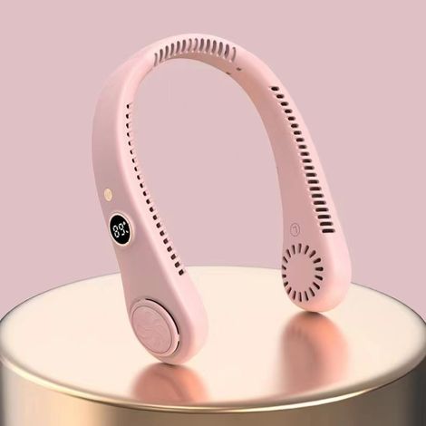 Ventilador de cuello portátil, plegable, rosa y sin aspas, con pantalla digital recargable por USB (batería de 1500 mAh), ideal para deportes y ocio.