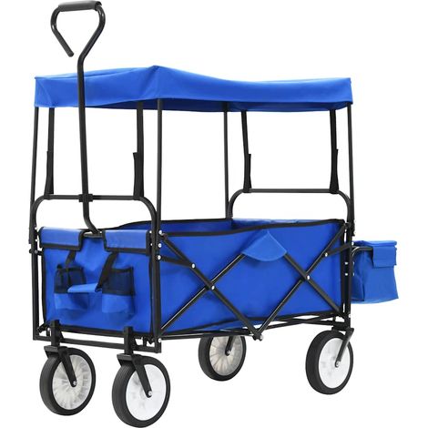 Chariot pliable avec toit en acier et tissu Oxford bleu, 116 x 54 x 119 cm, 75 kg - PANGIVO (1/5)