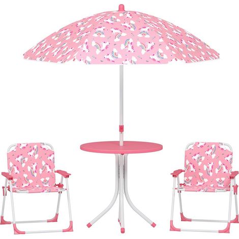 Ensemble table et chaises de jardin pour enfants 4 pièces, chaises pliantes, parasol amovible, motif licorne rose (1/5)