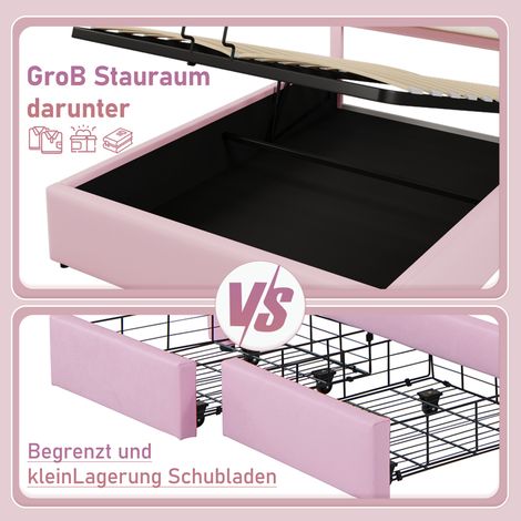 Lit rembourré 140x200 avec sommier à lattes, sans matelas, éclairage LED intégré, style princesse, coffre de rangement hydraulique, housse en polyuréthane, rose (1/5)