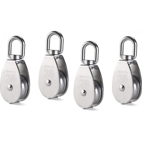 M25 Single Pulley Block, 304 Stainless Steel Pulley Roller, Crane Swivel Hook, Smooth Wire Rope, Load 331lb/150kg, 4pcs