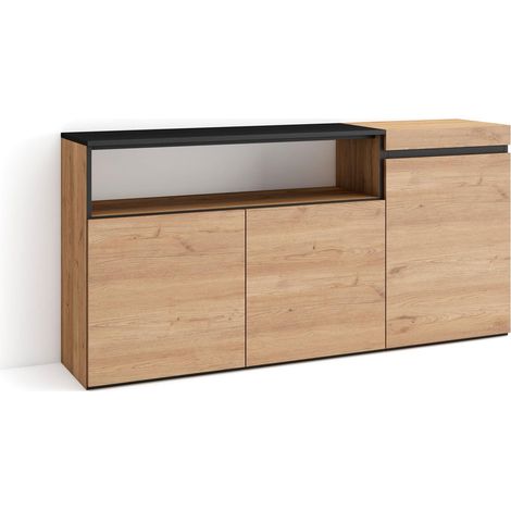 Skraut Home Credenza, Mobile, Cucina Madia, mobile ingresso 150x75x35cm 3 Porte grande stoccaggio Stile moderno Rovere e nero (1/4)