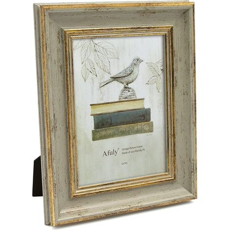 Aougo – Antique picture frame 5 x 7 – Vintage green with gold line – Real glass front – Built-in hooks for wall mounting – Tabletop easel display (1/5)