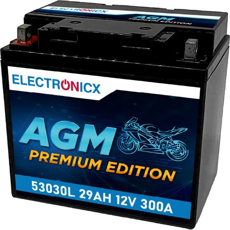 Electronicx AGM-Motorradbatterie 53030L – 12V 29Ah 300A/EN – Wartungsfrei, Auslaufsicher, Hohe Startkraft, Ideal für ABS & Off-Road - Premium